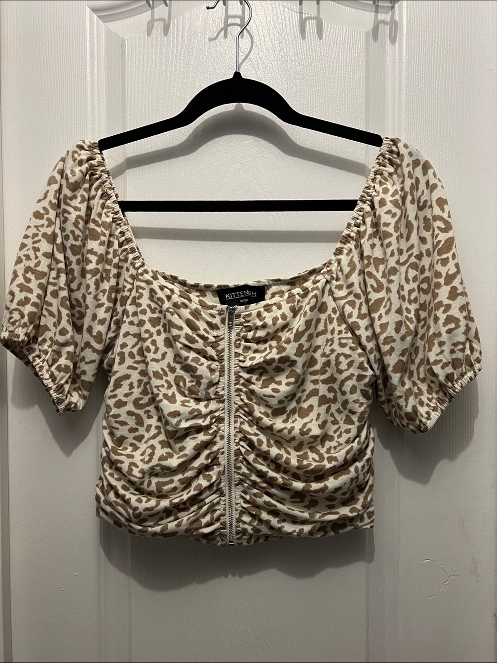 Kittenish Cream and Tan Leopard Ruched Zip Crop Top